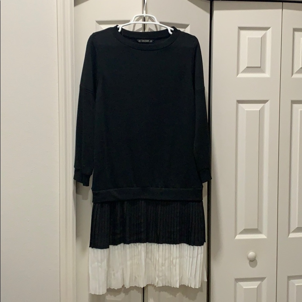 Zara Black and White Sweater Dress with Pleated Skirt